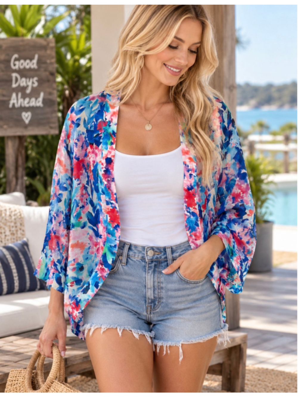 Women's Soft Surroundings Floral Shrug Size M Blue Pink